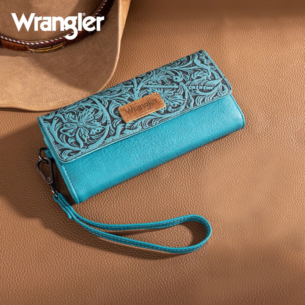 Wrangler Western Floral Tooled Tri-fold RFID Wallet/Wristlet Turquoise